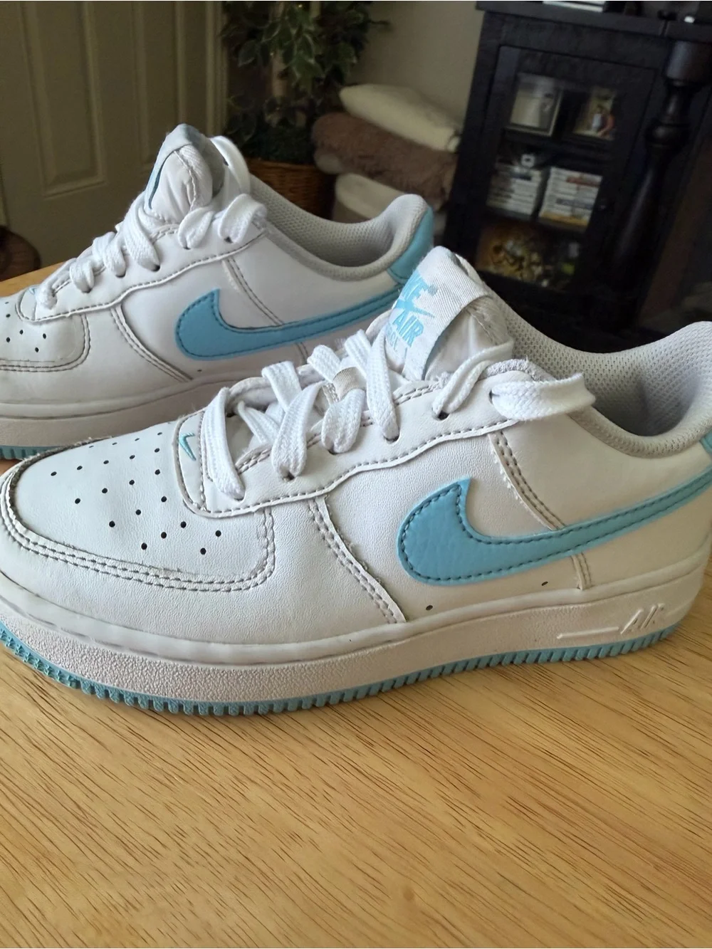Nike Kids White Sneakers with Light Blue Swoosh